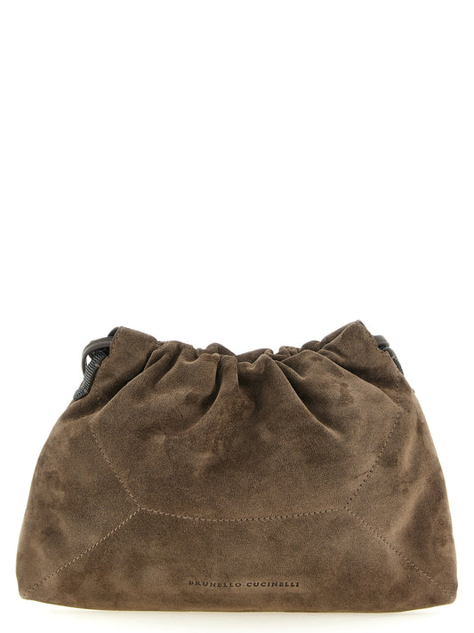 Drawstring Pouch Clutch Handbag by Brunello Cucinelli for women in suede calfskin leather brown & signature showcases a sculptural silhouette, featuring a secure drawstring, ample , and versatile shoulder-strap for a sculptural aesthetic.