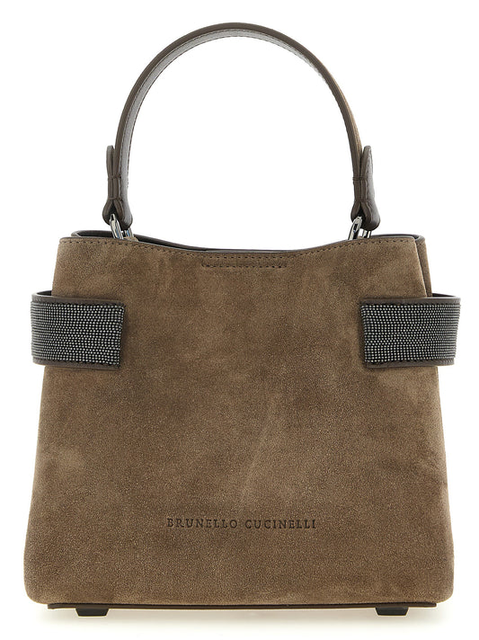 Handbag by Brunello Cucinelli for women in bos taurus suede calfskin leather brown features a signature silhouette, showcasing a secure and signature with versatile shoulder-strap for a sophisticated look.