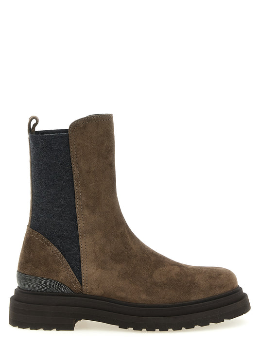 Ankle Boots by Brunello Cucinelli for women in suede calfskin leather brown features an high-performance silhouette, showcasing the sophisticated design of the Monile Women's Suede Calfskin Leather Ankle Boots with a and a refined .