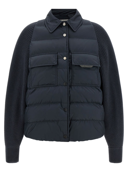 Puffer Jacket by Brunello Cucinelli for women in nylon polyester silk & cashmere virgin wool blue presents a effortlessly chic silhouette, showcasing a sophisticated shirt-collar neckline and premium insulated for a truly effortlessly chic finish.