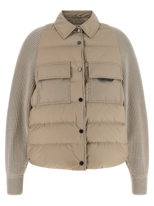 Puffer Jacket by Brunello Cucinelli for women in nylon polyester silk & cashmere virgin wool beige features a dramatic silhouette, showcasing a sophisticated shirt-collar neckline and distinctive insulated & windproof for a dramatic aesthetic.