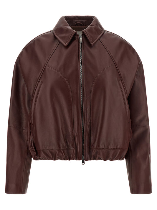 Jacket by Brunello Cucinelli for women in bos taurus suede calfskin leather & silk bordeaux features a smart silhouette, perfectly accentuated by its unique shirt-collar neckline and functional insulated for a smart finish.
