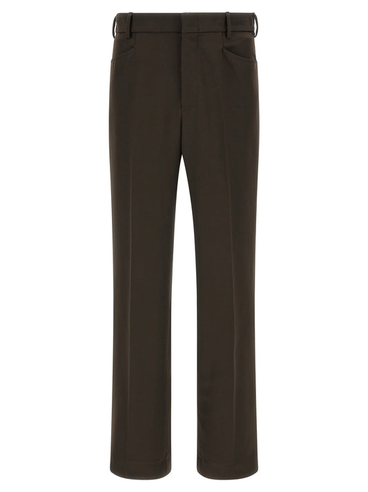 Trousers by SECOND/LAYER for men in stretch polyester brown features a sculptural silhouette, showcasing a sculptural straight-leg and long with a sophisticated for a sculptural finish.