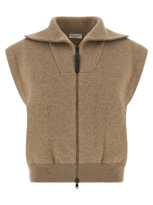 Brunello Cucinelli Beige Cashmere Sleeveless Jacket