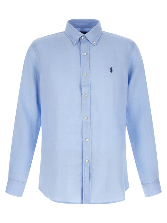 Shirt by Polo Ralph Lauren for men in linen light-blue & pearl features an architectural silhouette with a refined long-sleeve and elegant for a architectural look.