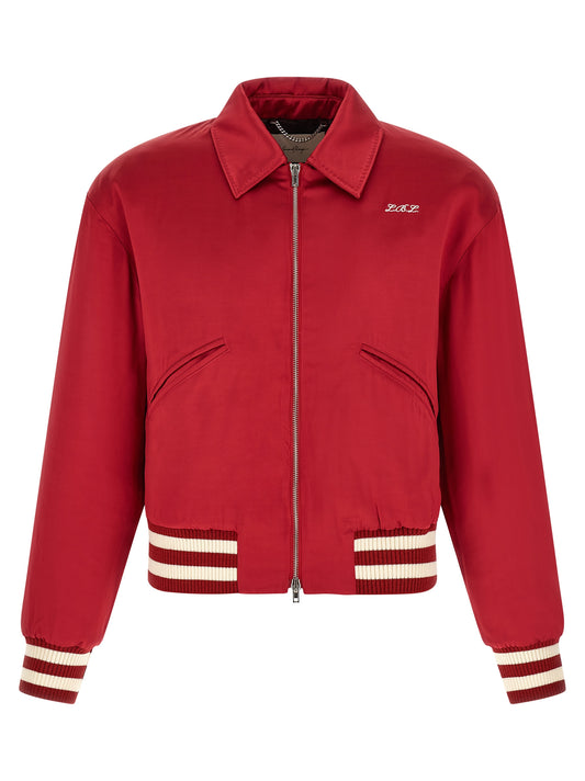 Bomber Jacket by SECOND/LAYER for men in satin viscose multicolor & red presents a effortlessly chic silhouette, showcasing a sophisticated shirt-collar neckline and premium pockets for a truly effortlessly chic finish.