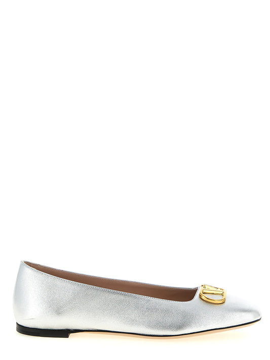 Ballet Flat Shoes by Valentino Garavani for women in lamb leather silver & signature features an statuesque silhouette from the V Logo Women's Lamb Leather Ballet Flat Shoes collection, showcasing a and a statuesque square toe style for a statuesque look.
