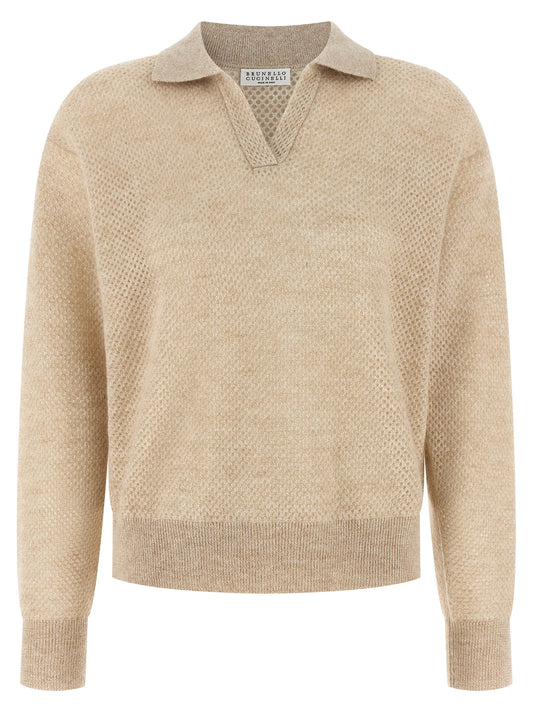 Polo Shirt by Brunello Cucinelli for women in mohair wool & polyamide gold features a eye catching silhouette, showcasing a refined and long-sleeve for a eye catching finish.