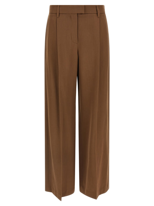 Casual Pants by Brunello Cucinelli for women in viscose & virgin wool brown & signature features an sartorial straight-leg & wide and long with a high rise cut for a sartorial finish.