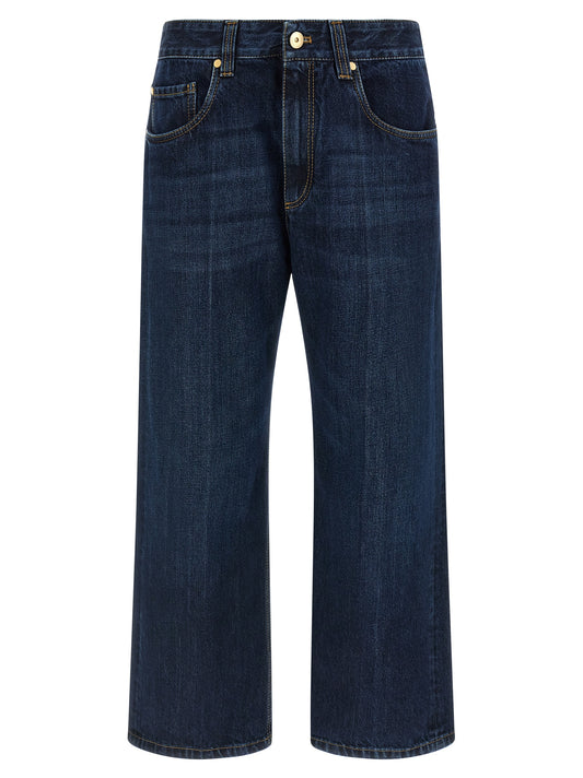 Jeans by Brunello Cucinelli for women in cotton denim blue & signature features an sophisticated and straight-leg, wide & cropped with a precise cropped, creating a sophisticated and sophisticated silhouette.