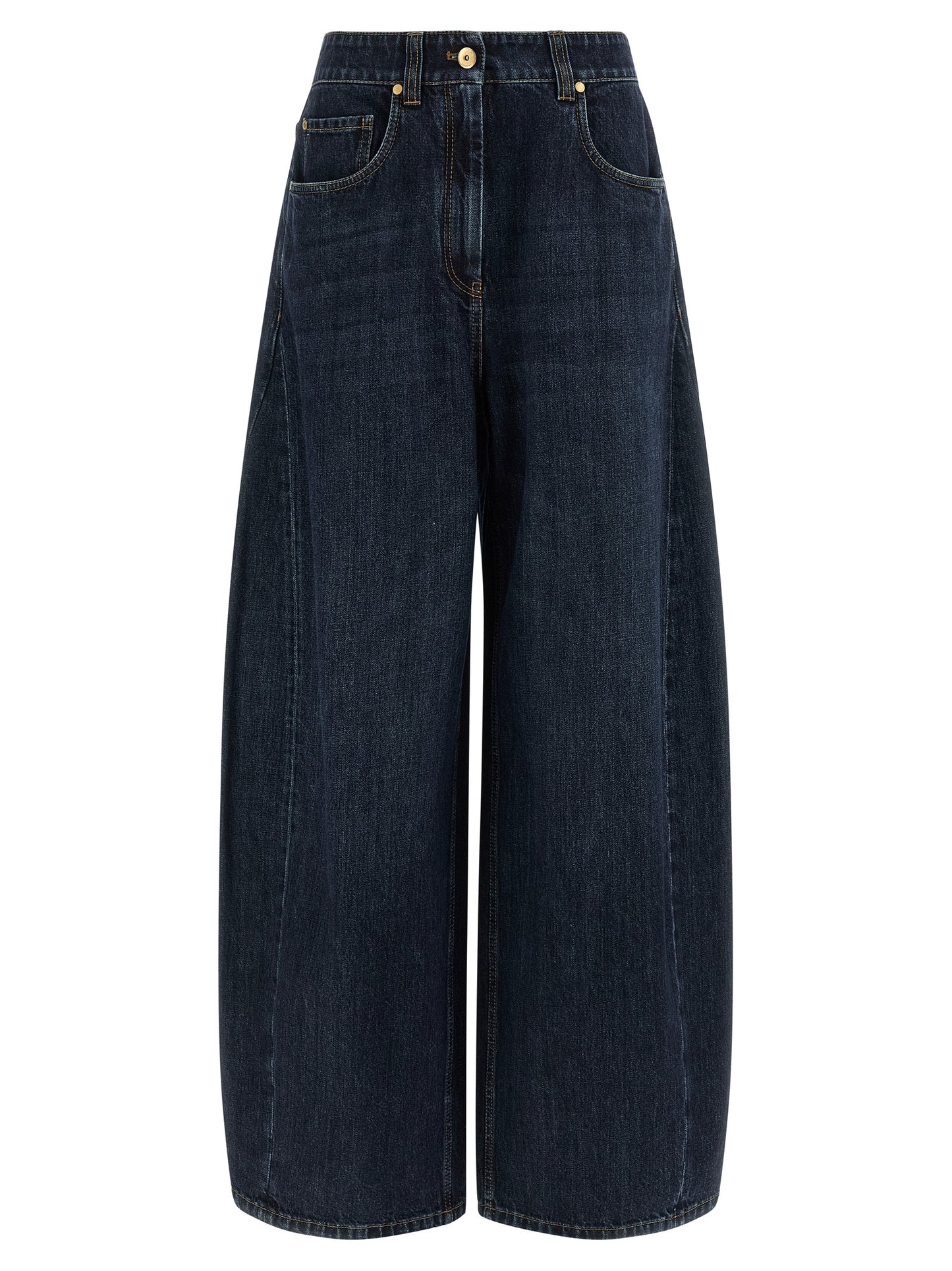 Jeans by Brunello Cucinelli for women in cotton denim blue presents a tailored silhouette, showcasing a tailored wide and long cut with a refined high rise for a truly tailored aesthetic.