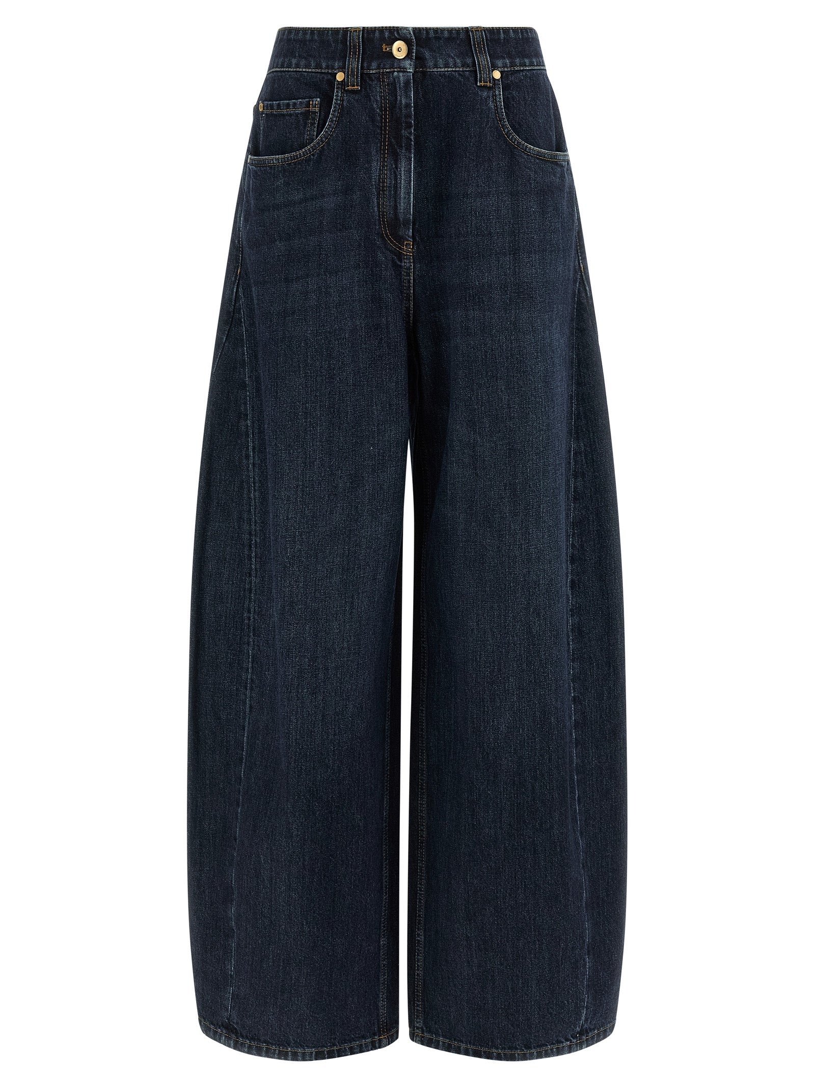 Jeans by Brunello Cucinelli for women in cotton denim blue presents a tailored silhouette, showcasing a tailored wide and long cut with a refined high rise for a truly tailored aesthetic.