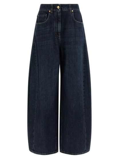 Jeans by Brunello Cucinelli for women in cotton denim blue presents a tailored silhouette, showcasing a tailored wide and long cut with a refined high rise for a truly tailored aesthetic.