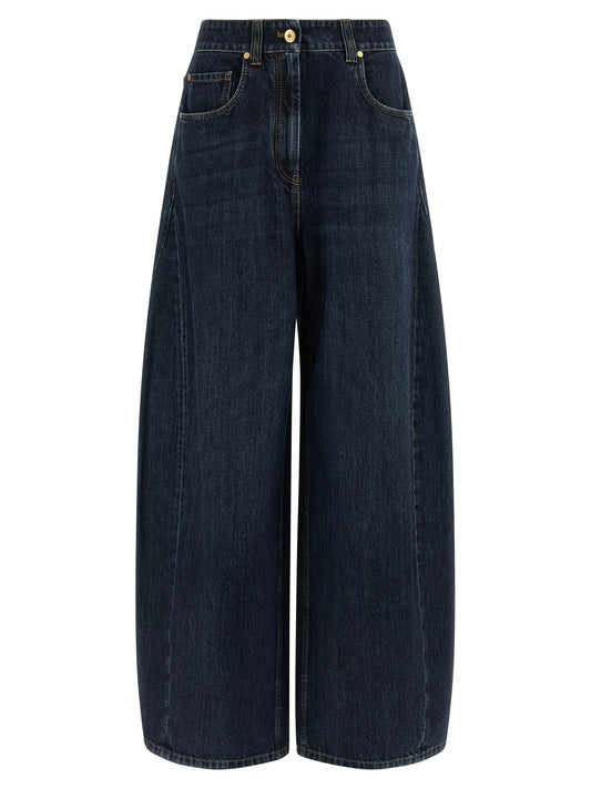 Jeans by Brunello Cucinelli for women in cotton denim blue presents a tailored silhouette, showcasing a tailored wide and long cut with a refined high rise for a truly tailored aesthetic.