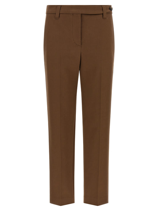 Trousers by Brunello Cucinelli for women in stretch cotton twill brown presents a smart silhouette, meticulously detailed with a smart tapered-leg & cropped, a smart cropped, and a smart .