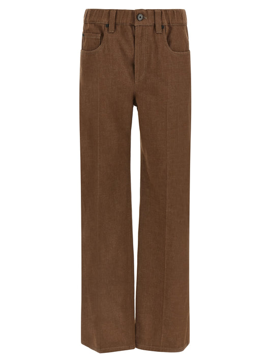 Jeans by Brunello Cucinelli for women in denim cotton brown features a polished silhouette with a polished straight-leg & wide, reaching a polished long and finished with a polished .