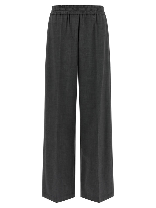 Trousers by Brunello Cucinelli for women in virgin wool & polyamide gray features a sculptural silhouette, showcasing a sculptural flared & wide and long with a sophisticated for a sculptural finish.