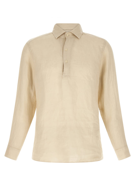 Polo Shirt by MC2 Saint Barth for men in linen beige showcases a sharp silhouette, detailed with a refined and sharp for a sophisticated finish.