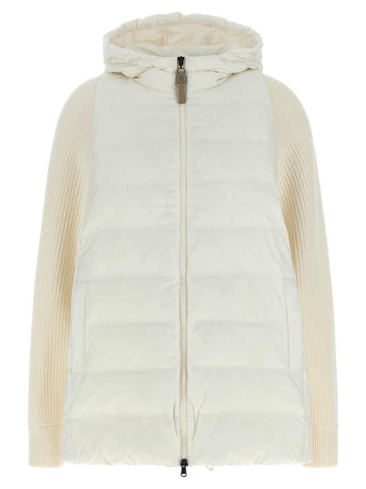 Hooded Puffer Jacket by Brunello Cucinelli for women in virgin cashmere wool & leather white presents a effortlessly chic silhouette, showcasing a sophisticated hooded high-neck neckline and premium pockets, hooded & insulated for a truly effortlessly chic finish.