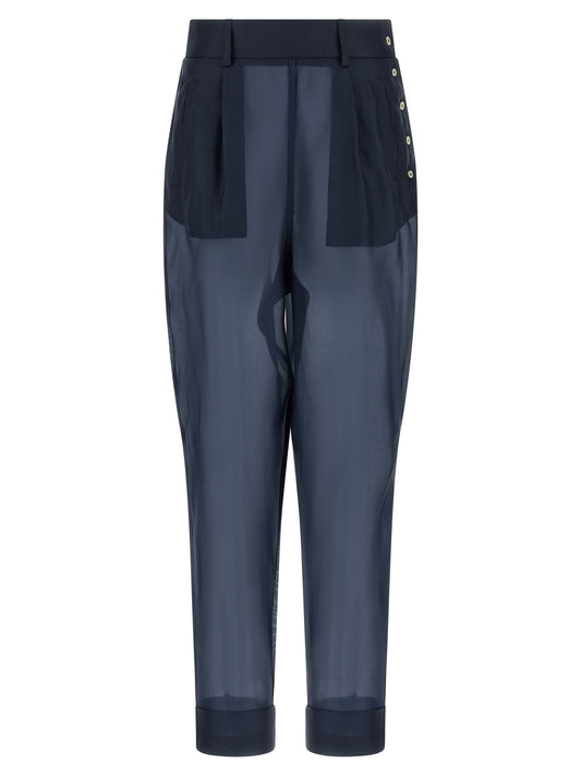 Trousers by MAISON JEJIA for women in silk blue, pearl & transparent features an sartorial silhouette, showcasing a precise and long with a sartorial high rise for a refined look.