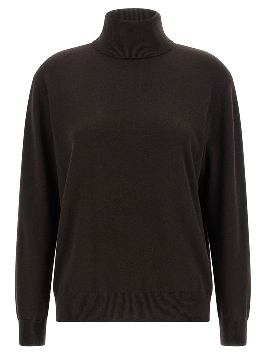 Cardigan by Brunello Cucinelli for women in cashmere brown features a dramatic silhouette, showcasing a sophisticated high-collar neckline and dramatic long-sleeve detail for a timeless, premium look.
