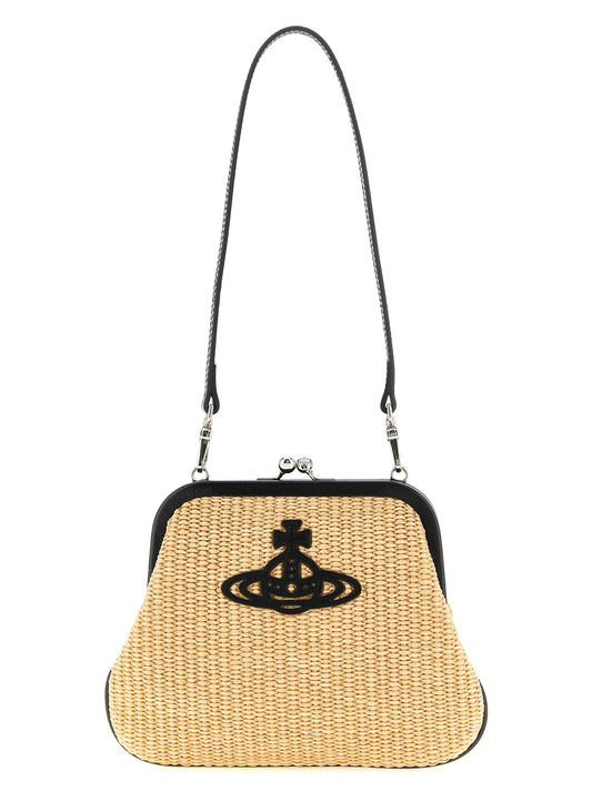 Evening Clutch Handbag by Vivienne Westwood for women in raffia polyamide cotton & leather beige & signature features an sculptural silhouette, showcasing a secure snap and sculptural with versatile handle for a sophisticated look.