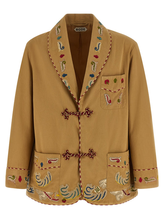 Blazer by BODE for men in cotton beige showcases a discerning silhouette, elegantly detailed with a sophisticated shawl-collar neckline and premium for a truly discerning finish.
