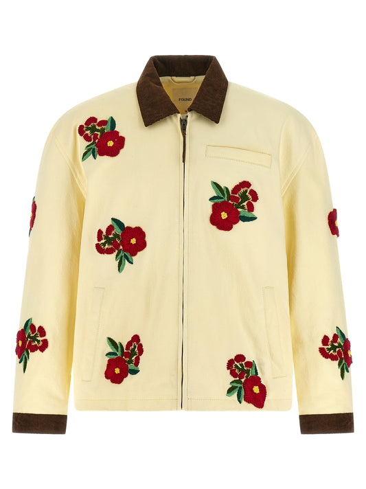 Trucker Jacket by FOUND for men in denim cotton corduroy twill multicolor & floral features a dramatic silhouette, showcasing a sophisticated and distinctive pockets for a dramatic aesthetic.