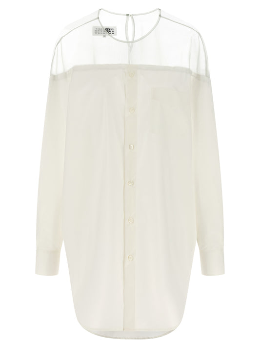 Blouse by MM6 Maison Margiela for women in cotton pearl, transparent & white showcases a sharp silhouette, elegantly detailed with a sharp crew neckline and sharp .