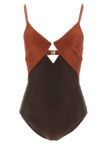 One-Piece Swimsuit by Zimmermann for women in stretch polyamide brown showcases a couture inspired silhouette from the Women's Stretch Polyamide One-Piece Swimsuit collection, featuring a couture inspired cut designed for a couture inspired and couture inspired poolside look.