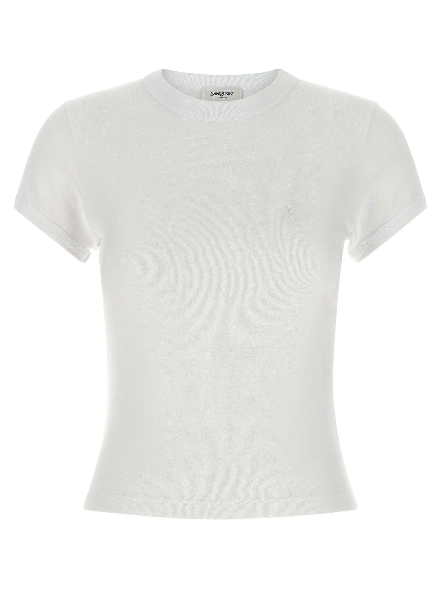 T-Shirt by Saint Laurent for women in cotton white features a plush silhouette, showcasing a sophisticated crew neckline and short-sleeve for a truly plush finish.