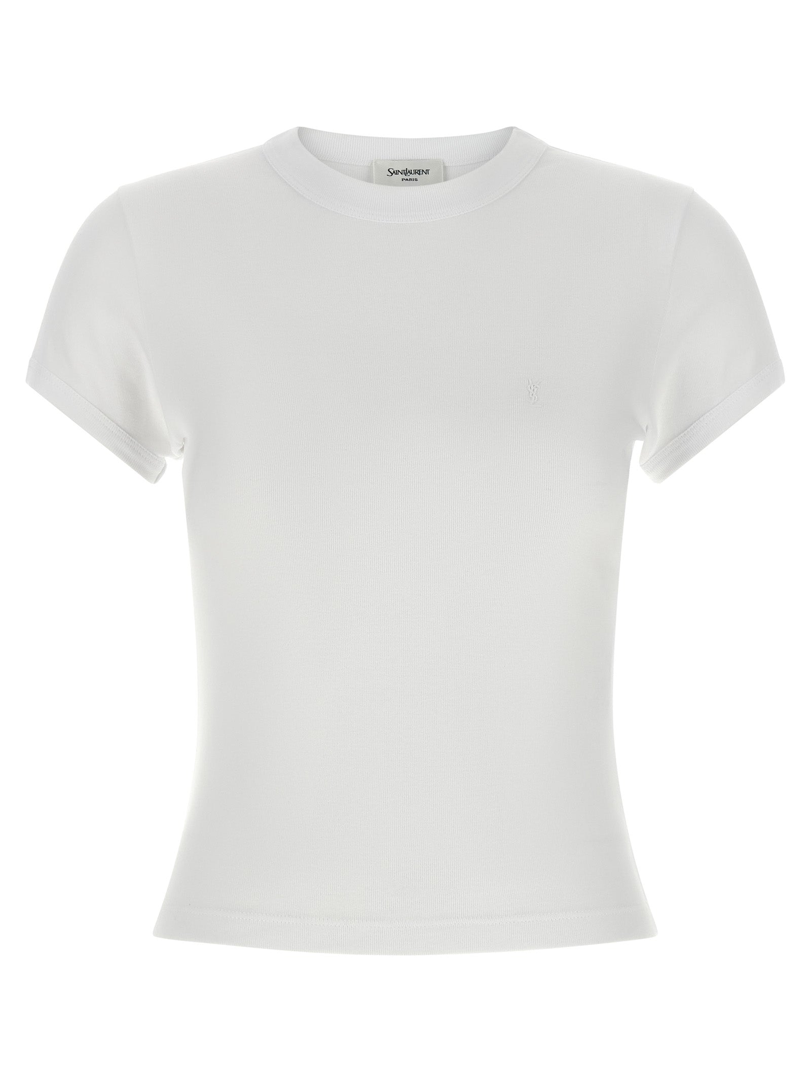 T-Shirt by Saint Laurent for women in cotton white features a plush silhouette, showcasing a sophisticated crew neckline and short-sleeve for a truly plush finish.