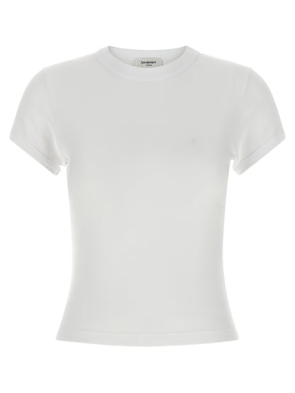 T-Shirt by Saint Laurent for women in cotton white features a plush silhouette, showcasing a sophisticated crew neckline and short-sleeve for a truly plush finish.