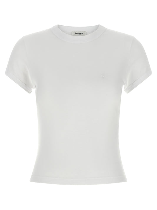 T-Shirt by Saint Laurent for women in cotton white features a plush silhouette, showcasing a sophisticated crew neckline and short-sleeve for a truly plush finish.