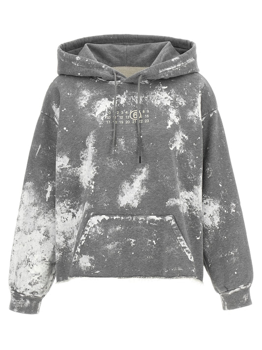 Sweatshirt Hoodie by MM6 Maison Margiela for women in cotton gray, white, signature & print features an luminous silhouette, showcasing a sophisticated hooded neckline and long-sleeve for a truly luminous look.