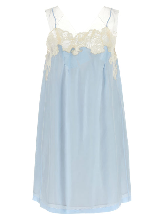 Dress by Maison Margiela for women in cupro & copper copper, light-blue, transparent & signature presents a sinuous silhouette, showcasing a sophisticated v-neck neckline and sleeveless detailed with a sinuous short mini for a refined finish.