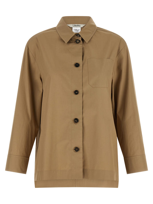 Blouse by S Max Mara for women in cotton beige & horn showcases a sleek silhouette, elegantly detailed with a sleek and long-sleeve for a sleek finish.