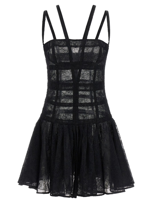 Dress by Giovanni Bedin for women in polyamide viscose black & transparent features a dramatic silhouette, showcasing an elegant and sleeveless that flows into a dramatic short mini.