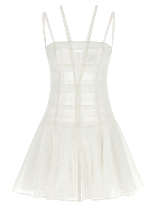 Dress by Giovanni Bedin for women in polyamide viscose transparent & white features a dramatic silhouette, showcasing an elegant and sleeveless that flows into a dramatic short mini.