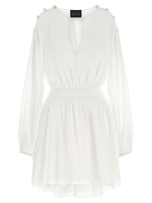 Dress by Giovanni Bedin for women in cotton white features an eye catching silhouette with a sophisticated crew asymmetric neckline, elegant long-sleeve, and a refined short mini for a eye catching aesthetic.