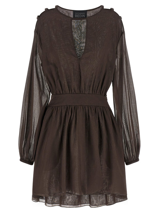 Dress by Giovanni Bedin for women in cotton brown features an magnificent silhouette, artfully detailed with a magnificent asymmetric neckline and long-sleeve that flows into an magnificent short mini.