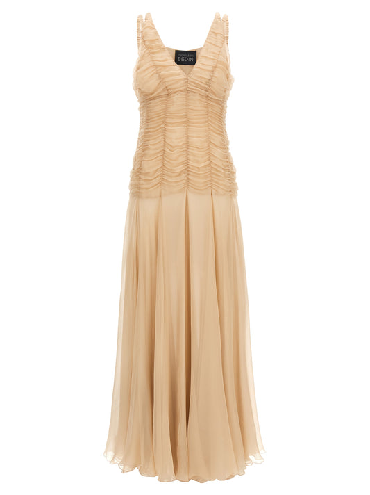 Dress by Giovanni Bedin for women in silk chiffon multicolor & pink features a dramatic silhouette, showcasing an elegant v-neck neckline and sleeveless that flows into a dramatic long.