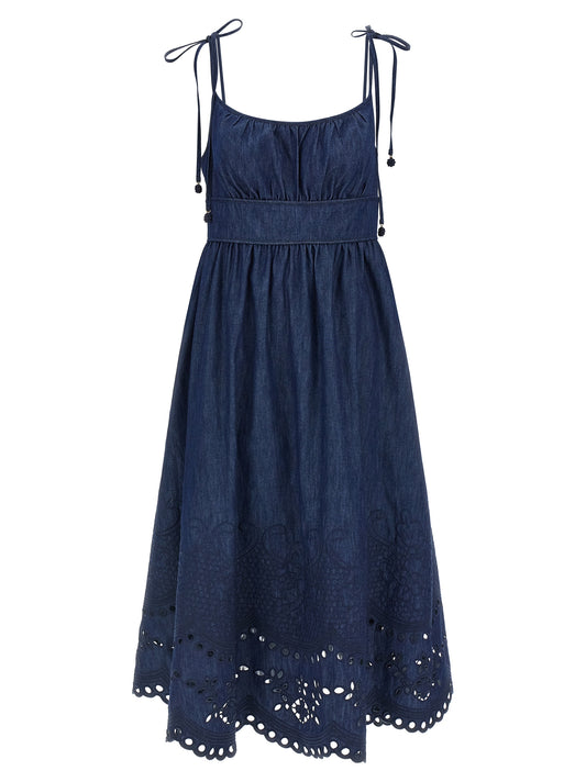 Dress by Zimmermann for women in denim cotton blue features an magnificent silhouette, artfully detailed with a magnificent round square neckline and that flows into an magnificent midi.