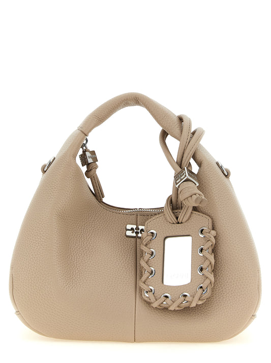 Mini Hobo Handbag by Ganni for women in polyester polyurethane faux leather beige features an refined silhouette, showcasing a secure zipper, ample , and versatile shoulder-strap, handle & adjustable-strap for a sophisticated refined aesthetic.