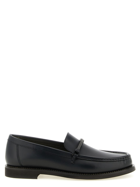 Flat Loafer Slip-On Shoes by Brunello Cucinelli for women in tu & calfskin leather black showcases a impeccable silhouette as Monile Women's TU & Calfskin Leather Flat Loafer Slip-On Shoes, artfully designed with a impeccable flat and refined for a impeccable finish.