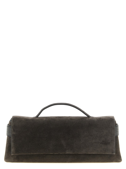 Flap Clutch Handbag by Brunello Cucinelli for women in suede calfskin leather brown & signature showcases a sculptural silhouette, featuring a secure flap & magnetic, ample , and versatile handle for a sculptural aesthetic.