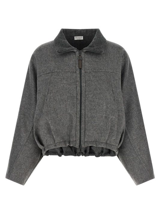 Overcoat by Brunello Cucinelli for women in virgin wool & leather gray features a contemporary silhouette showcasing a contemporary turtle neckline and refined pockets for a sophisticated finish.