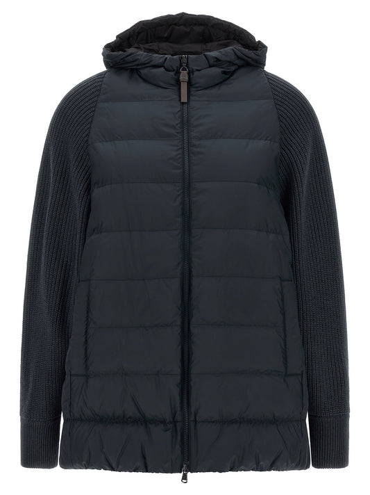 Hooded Puffer Jacket by Brunello Cucinelli for women in virgin cashmere wool & leather blue features an on trend silhouette, showcasing refined hooded & insulated and a sophisticated hooded high-neck neckline for a truly on trend finish.