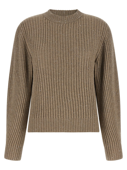 Cardigan by Brunello Cucinelli for women in cashmere polyamide & sequins beige features an impeccable silhouette, showcasing a sophisticated crew neckline and detail for a truly impeccable finish.