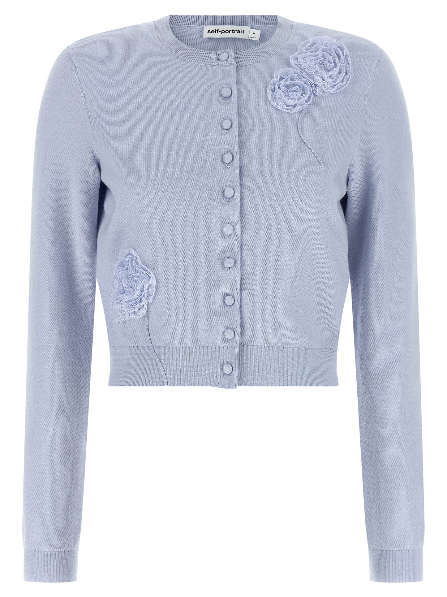 Cardigan by Self-Portrait for women in polyamide polyester silk & wool light-blue showcases a captivating silhouette, artfully detailed with a captivating long-sleeve and crew neckline for a truly sophisticated captivating look.